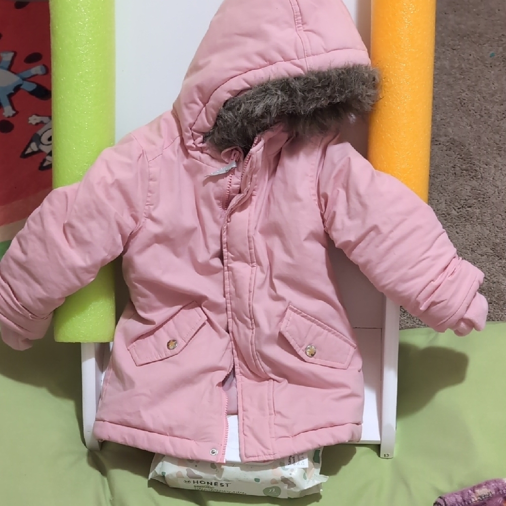 Pink Hooded Winter Coat with Faux Fur Trim